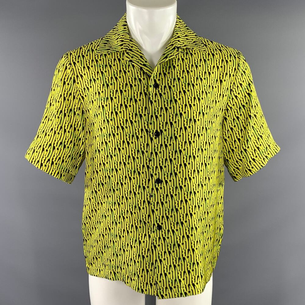 AMIRI SS2020 Size 36 Yellow Lime Logo Silk Button Up Short Sleeve Shirt